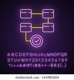 Activity diagram neon light icon. Workflow actions. Process map. Problem solving stages. Movement to goal. Glowing sign with alphabet, numbers and symbols. Vector isolated illustration