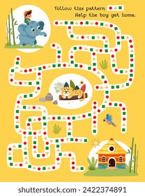 Activity and education. Maze puzzle game for kids. Help boy to get his home. Flat stylised character. Vector illustration