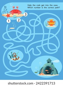 Activity and education. Maze puzzle game for kids. Help the crab get into the cave. Which number is the correct path? Flat stylised character. Vector illustration