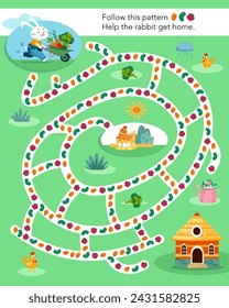 Activity and education. Maze puzzle game for kids. Help rabbit get his home. Cute flat cartoon hare with vegetables in garden. Farm and food. Vector flat illustration.