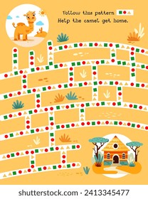 Activity and education. Puzzle maze for kids.Help the camel get home. Flat stylised character. Vector illustration. 