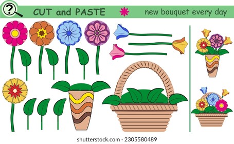 Aktivitätenpädagogik für Vorschulen. Blumen schneiden und pasteten, Blätter, Korb, Vase. Vektorgrafik