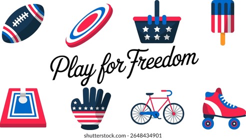 Activity equipment set. Helmet, bat, basketball, glove, bicycle, cone, patriotic star shapes, national play items. Play for freedom inspired USA game day element set