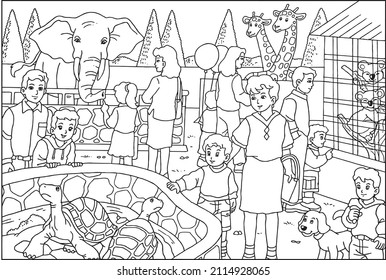 activity family and children in Zoo black and white line drawing to coloring vector