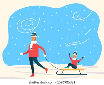 Activity of father and child walking with sleight on snowy windy weather. Man and kid wearing hat and scarf going with sledge in winter season. Happy people playing on Xmas holiday outside vector