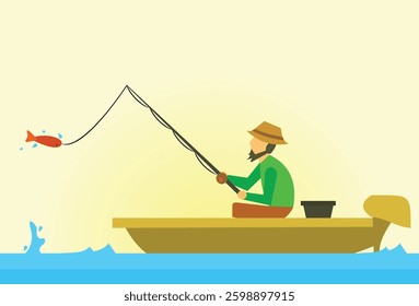 The activity of a fisherman is catching fish. The effort of the fisherman to pull the fishing line whose bait is successfully eaten by the fish. Vector Illustration