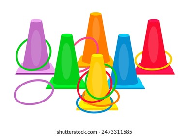 Activity floor game. Plastic colorful sports cones with hoops for activity game. Fun active game cartoon vector illustration isolated on white background