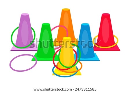 Activity floor game. Plastic colorful sports cones with hoops for activity game. Fun active game cartoon vector illustration isolated on white background