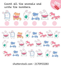 Activity game for children. Math worksheet for kids. How many animals do you see here? Count and write numbers. Vector color illustration.