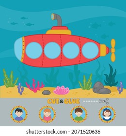 Activity game for children with submarine under water. Vector illustration. Cut and glue the submarine's passengers. Paper applique. Children funny riddle entertainment