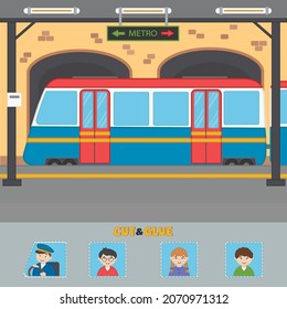 Juego de actividades para niños con tren subterráneo. Locomotora de vapor multicolor. Ilustración vectorial.  Cortar y pegar a los pasajeros del tren. Papel aplicable. Animación divertida de niños