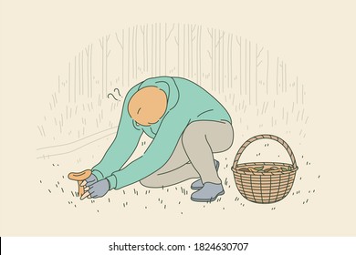 Activity, harvesting, collection, nature concept. Young man guy boy cartoon character sitting and collecting picking up mushroom cutting with knife in forest. Autumn active recreation and lifestyle.