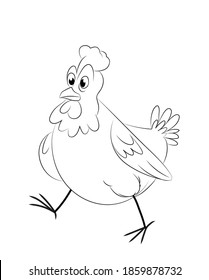 Activity of hen vector illustration. Coloring for children. Black and white. Cute hen, chicken. Animal illustration.