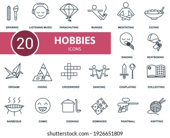 Activity And Hobbies icon set. Contains editable icons activity and hobbies theme such as hiking, dominoes, crossword and more.