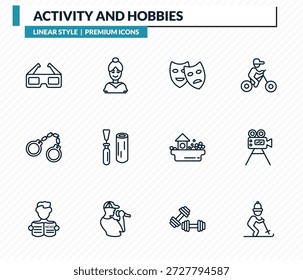 atividade e hobbies ícones definir - óculos 3d, bailarina, agindo, filmagem, esqui esboço vetor coleção.