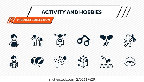 activity and hobbies icons set - boy reading, aerobic, motorcycle, petanque, comic outline vector collection.