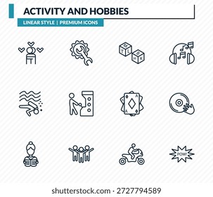 conjunto de ícones atividade e hobbies - casal abraço, reparação, pântano, disc jockey, coleção de vetor de esboço cômico.