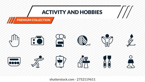 activity and hobbies icons set - greeting, photography, couple huging, ice skating, meditating outline vector collection.