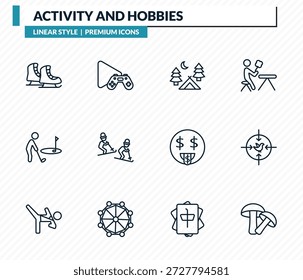 atividade e hobbies ícones conjunto - patinação no gelo, jogo, acampamento, caça, coleção de vetor de contorno de cogumelos.