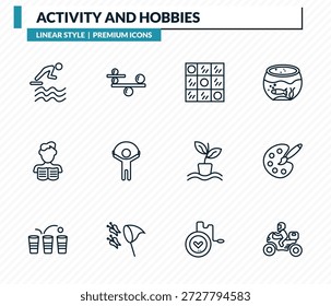 atividade e hobbies ícones conjunto - saltar para a água, balanceamento, damas, coloração, motocicleta esboço vetor coleção.