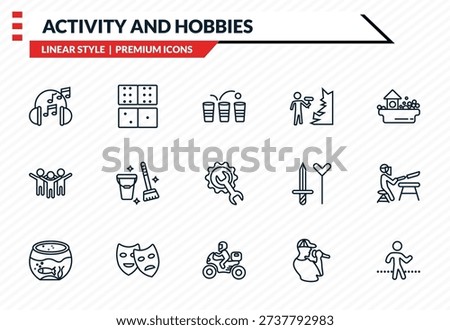 activity and hobbies icons set - listening music, dominoes, aerobic, motorcycle, walking outline vector collection.