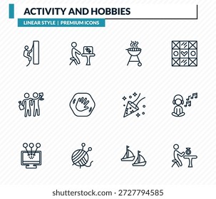 conjunto de ícones de atividade e hobbies - rapel, coleta de insetos, churrasco, relaxante, joias fazendo coleção de vetor de contorno.