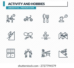 atividade e hobbies ícones conjunto - descanso, bmx, comer, viajar, downhill esboço coleção de vetor.
