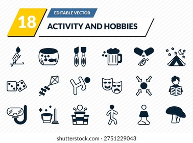 activity and hobbies icons set - skiing, aquarium, wood carving, meditating, mushrooming outline vector collection.