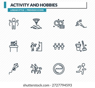 atividade e hobbies ícones conjunto - aquecimento, planando paraquedista, lavagem de pratos, limpeza, jogging esboço coleção de vetor.
