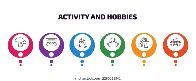 plantilla infográfica de actividad y aficiones con iconos y 6 paso o opción. íconos de actividad y aficiones como el florecimiento, el baccarat, salir, escuchar música, hacer joyería, observar aves vectoriales.
