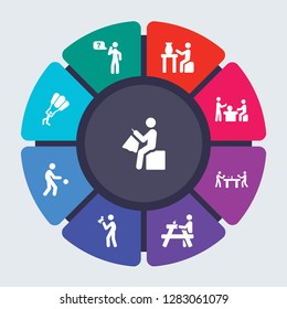 activity and hobbies vector template for infographics. Business concept with 9 options, steps, parts, segments. Banner infographic cycling diagram, round chart, Quilt, Questioning, Pottery icons