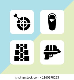activity icon. 4 activity set with water gun, sports and competition and sleeping bag vector icons for web and mobile app