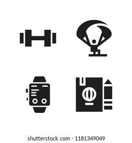 activity icon. 4 activity vector icons set. dumbbell, smartwatch and parachute icons for web and design about activity theme