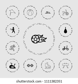 Activity icon. collection of 13 activity filled and outline icons such as tennis playing, exercise bike, boxing bag, running. editable activity icons for web and mobile.