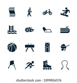 Activity icon. collection of 16 activity filled icons such as child bicycle, domino, skipping rope, basketball, baseball player. editable activity icons for web and mobile.
