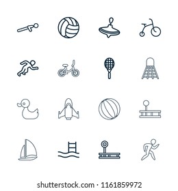 Activity icon. collection of 16 activity outline icons such as child bicycle, whirligig, pool ladder, fitness equipment, push up. editable activity icons for web and mobile.