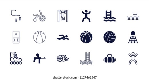 Activity icon. collection of 18 activity filled and outline icons such as paintball, squat, basketball, sport bag, volleyball. editable activity icons for web and mobile.