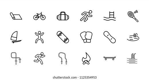Activity icon. collection of 18 activity outline icons such as pool, pool ladder, bonfire, boxing gloves, skating, carpet, squat. editable activity icons for web and mobile.