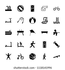 Activity icon. collection of 25 activity filled icons such as child bicycle, kick scooter, treadmill, domino, beach ball, push up. editable activity icons for web and mobile.