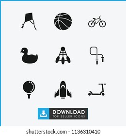 Activity icon. collection of 9 activity filled icons such as duck, golf ball, bicycle, basketball, kite, shuttlecock, kick scooter. editable activity icons for web and mobile.