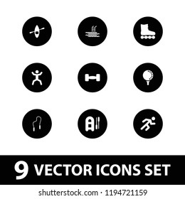 Activity icon. collection of 9 activity filled icons such as inflatable boat, squat, running, barbell, skipping rope, golf ball. editable activity icons for web and mobile.