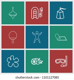 Activity icon. collection of 9 activity outline icons such as paintball, inflatable boat, basketball, aqualung, tent, whirligig. editable activity icons for web and mobile.
