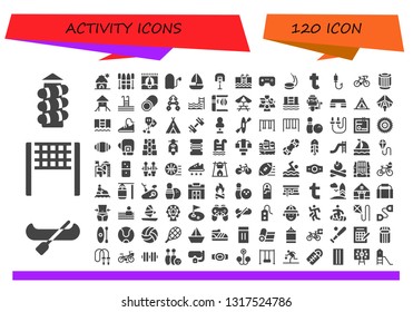 activity icon set. 120 filled activity icons.  Simple modern icons about  - Slide, Canoe, Volleyball net, Cabin, Ski, Bungee jumping, Surf, Sailboat, Basketball, Swimming, Games