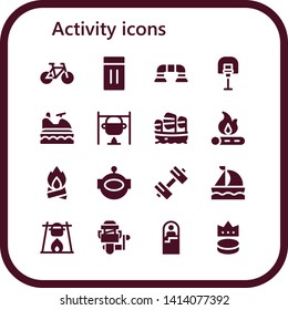 activity icon set. 16 filled activity icons.  Collection Of - Bike, Inflatable, Push up, Basketball, Jet ski, Bonfire, Sailboat, Aqualung, Sport, Fishing reel, Sleeping bag, Puck