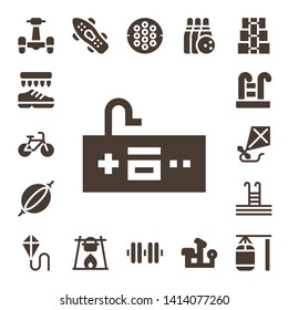 activity icon set. 17 filled activity icons.  Simple modern icons about  - Scooter, Shoes, Bicycle, Gamepad, Punching bag, Swimming pool, Kite, Skateboard, Bonfire, Hockey, Dumbbell