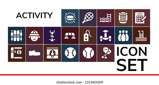 activity icon set. 19 filled activity icons.  Collection Of - Puck, Ski, Punching bag, Shoes, Bungee jumping, Tennis, Ball, Paddles, Hunter, Stationary bike, Push up, Controller