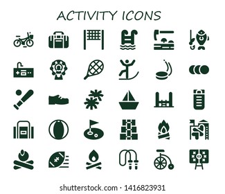 activity icon set. 30 filled activity icons.  Simple modern icons about  - Bicycle, Sport bag, Volleyball net, Swimming pool, Adze, Fishing, Gamepad, Ferris wheel, Tennis, Skiing svg