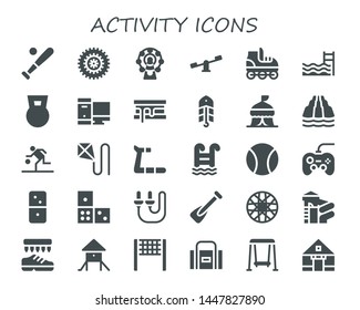 activity icon set. 30 filled activity icons.  Collection Of - Baseball, Bicycle, Ferris wheel, Swings, Roller skate, Swimming pool, Dumbbell, Gaming, Smore, Bait, Tent, Slide
