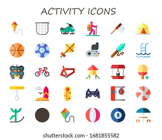 activity icon set. 30 flat activity icons. Included kite, net, snowmobile, hiking, camp, basketball, sport, game controller, harpoon, swimming pool, gamepad, bike, bicycle icons