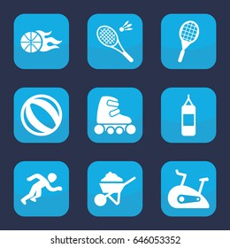 Activity icon. set of 9 filled activity icons such as construction, basketball, tennis rocket, exercise bike, skate rollers, running, badminton, beach ball